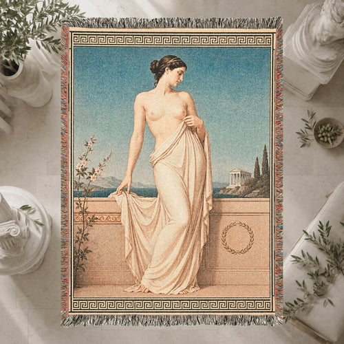 Classical Nude Woman on Terrace Woven Blanket – Greek Revival Tapestry Throw