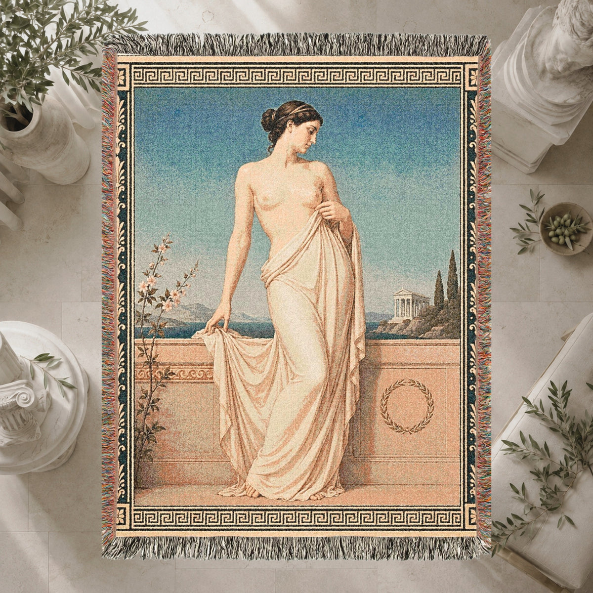 Classical Nude Woman on Terrace Woven Blanket – Greek Revival Tapestry Throw