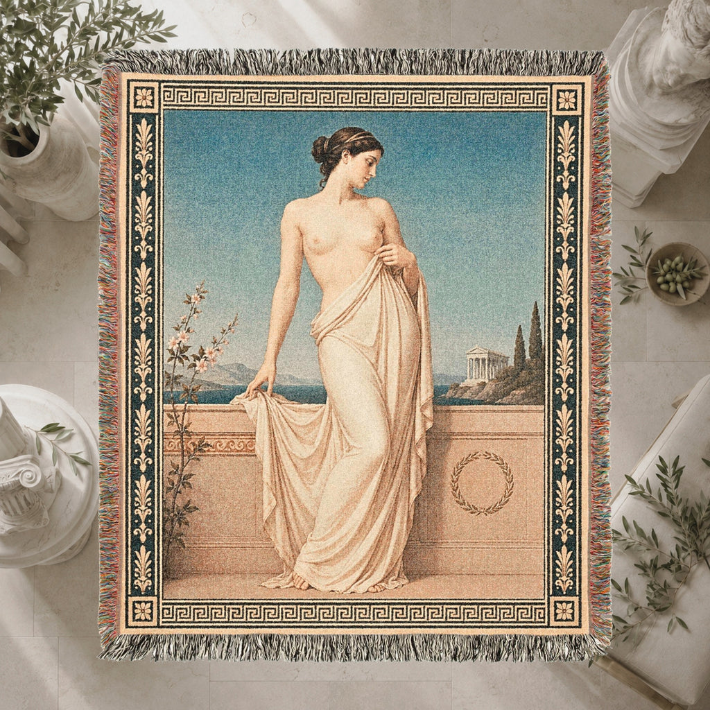 Classical Nude Woman on Terrace Woven Blanket – Greek Revival Tapestry Throw