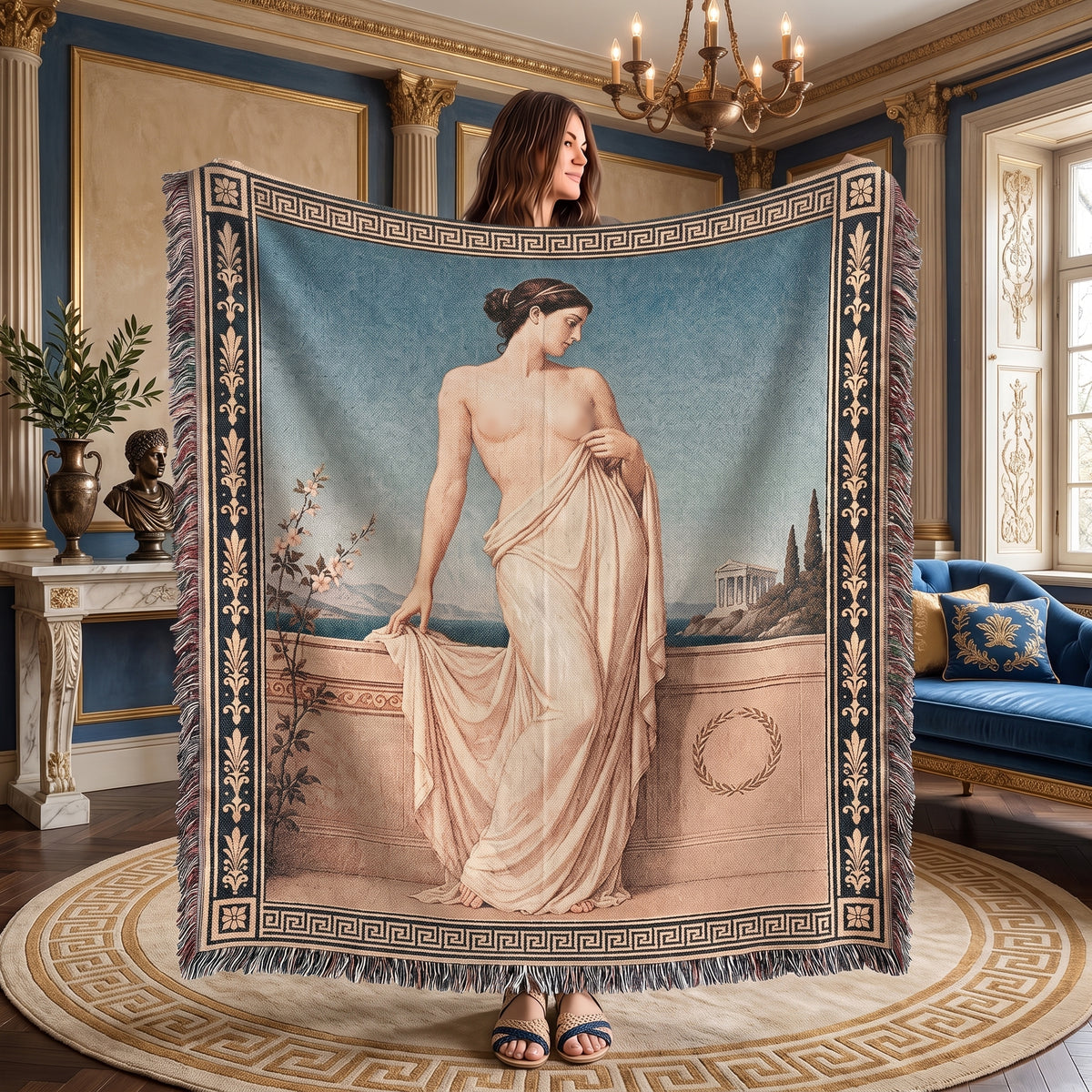 Classical Nude Woman on Terrace Woven Blanket – Greek Revival Tapestry Throw