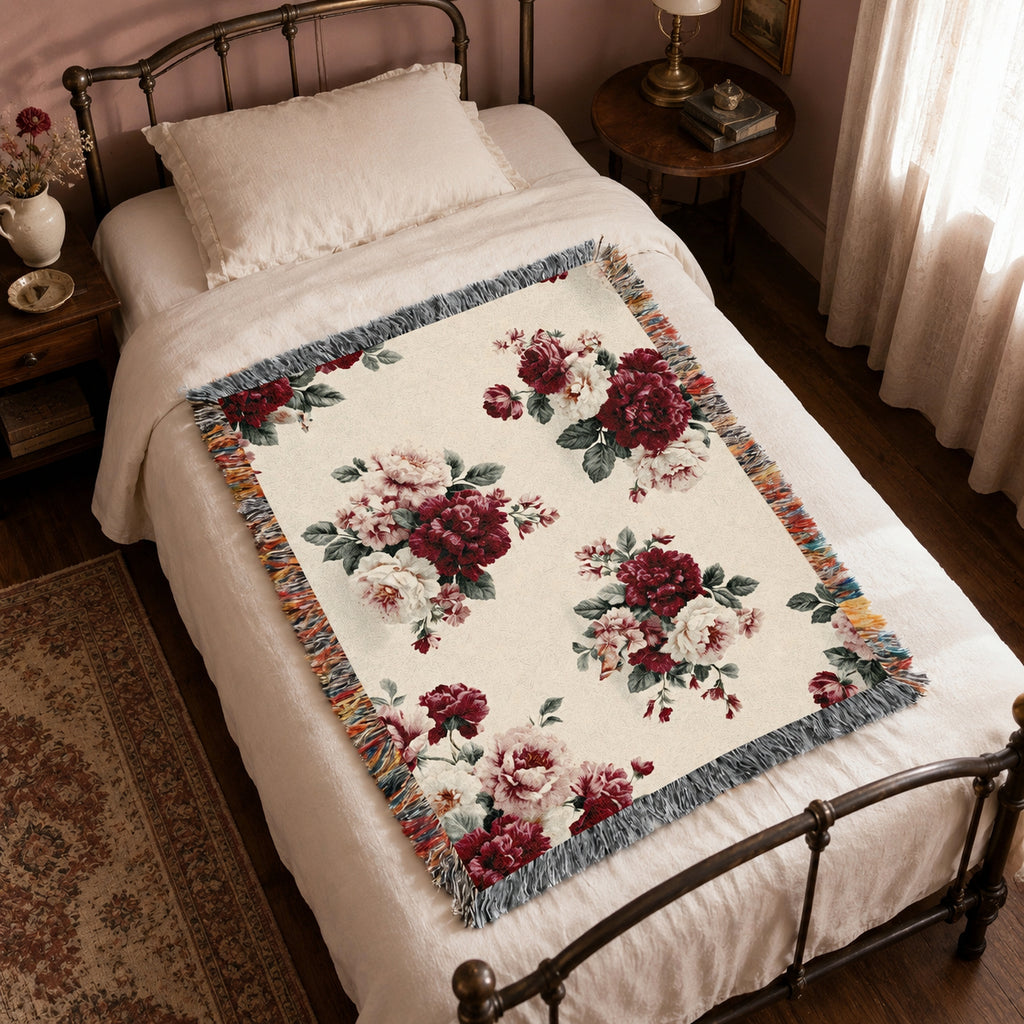 Vintage Red Rose Floral Woven Blanket
