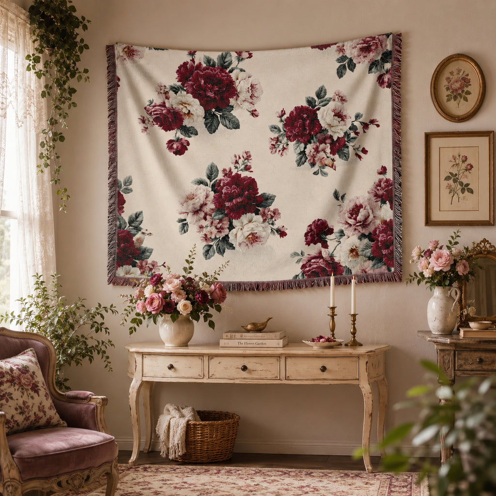 Vintage Red Rose Floral Woven Blanket