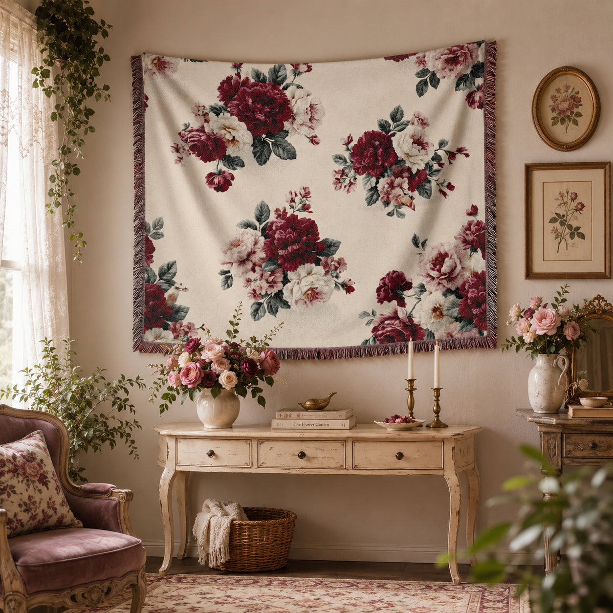 Vintage Red Rose Floral Woven Blanket