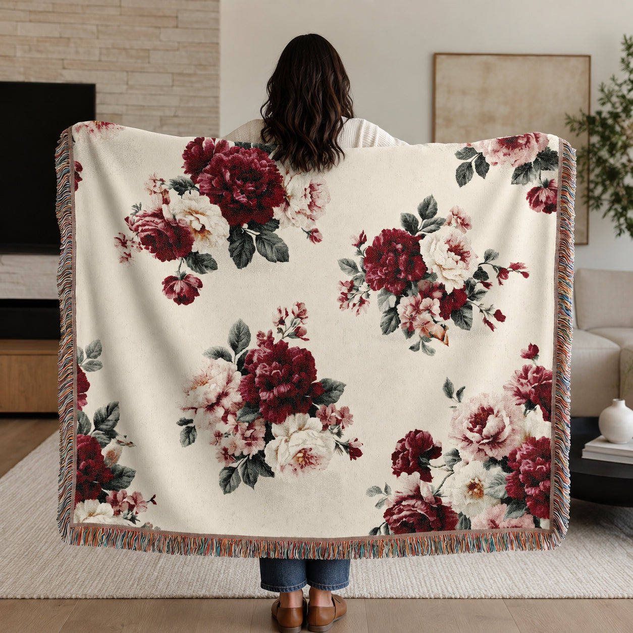 Vintage Red Rose Floral Woven Blanket