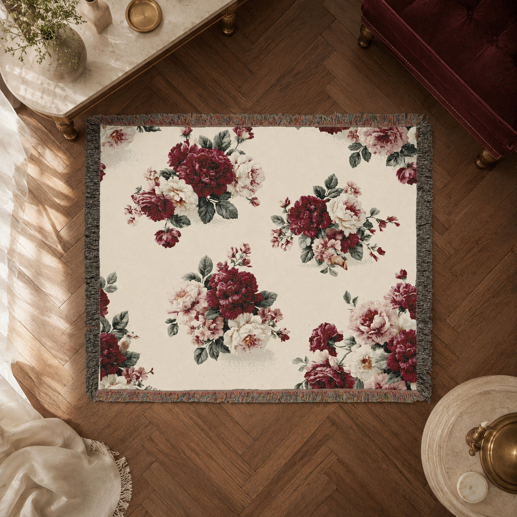 Vintage Red Rose Floral Woven Blanket
