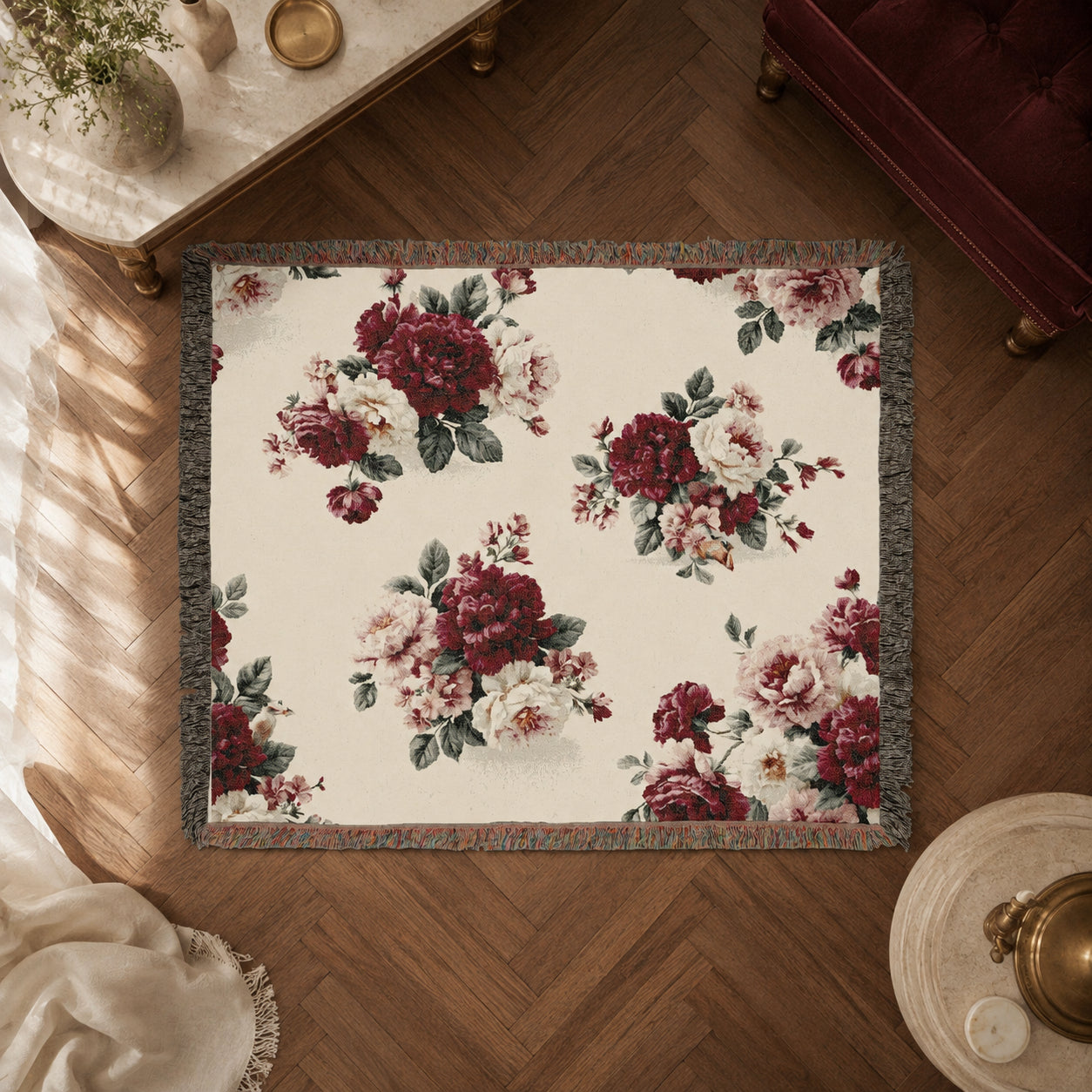 Vintage Red Rose Floral Woven Blanket