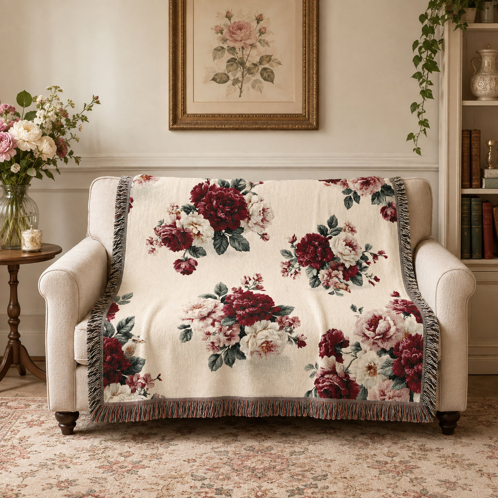 Vintage Red Rose Floral Woven Blanket