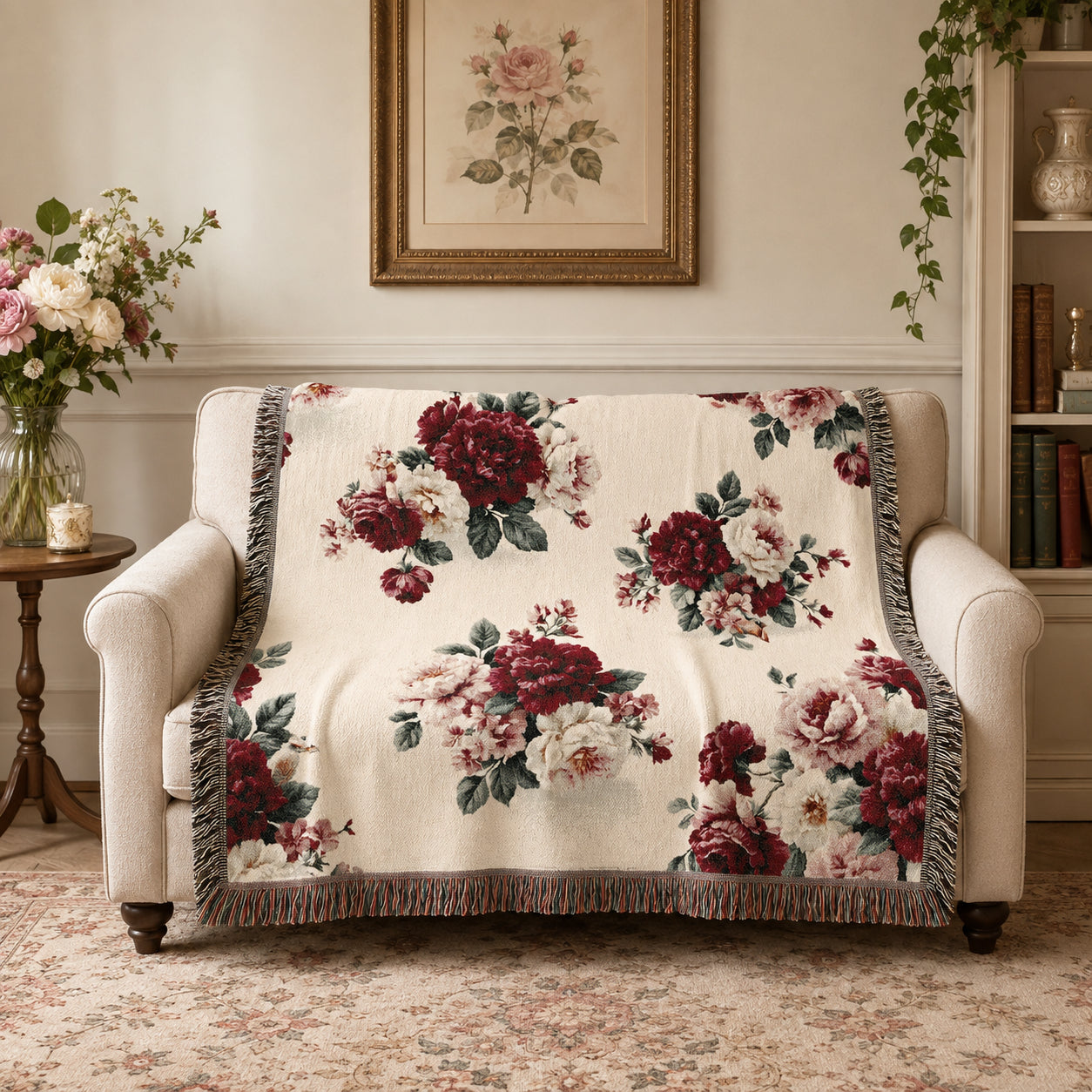 Vintage Red Rose Floral Woven Blanket