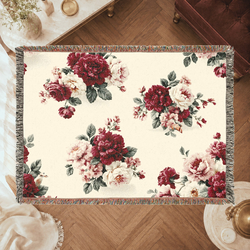 Vintage Red Rose Floral Woven Blanket