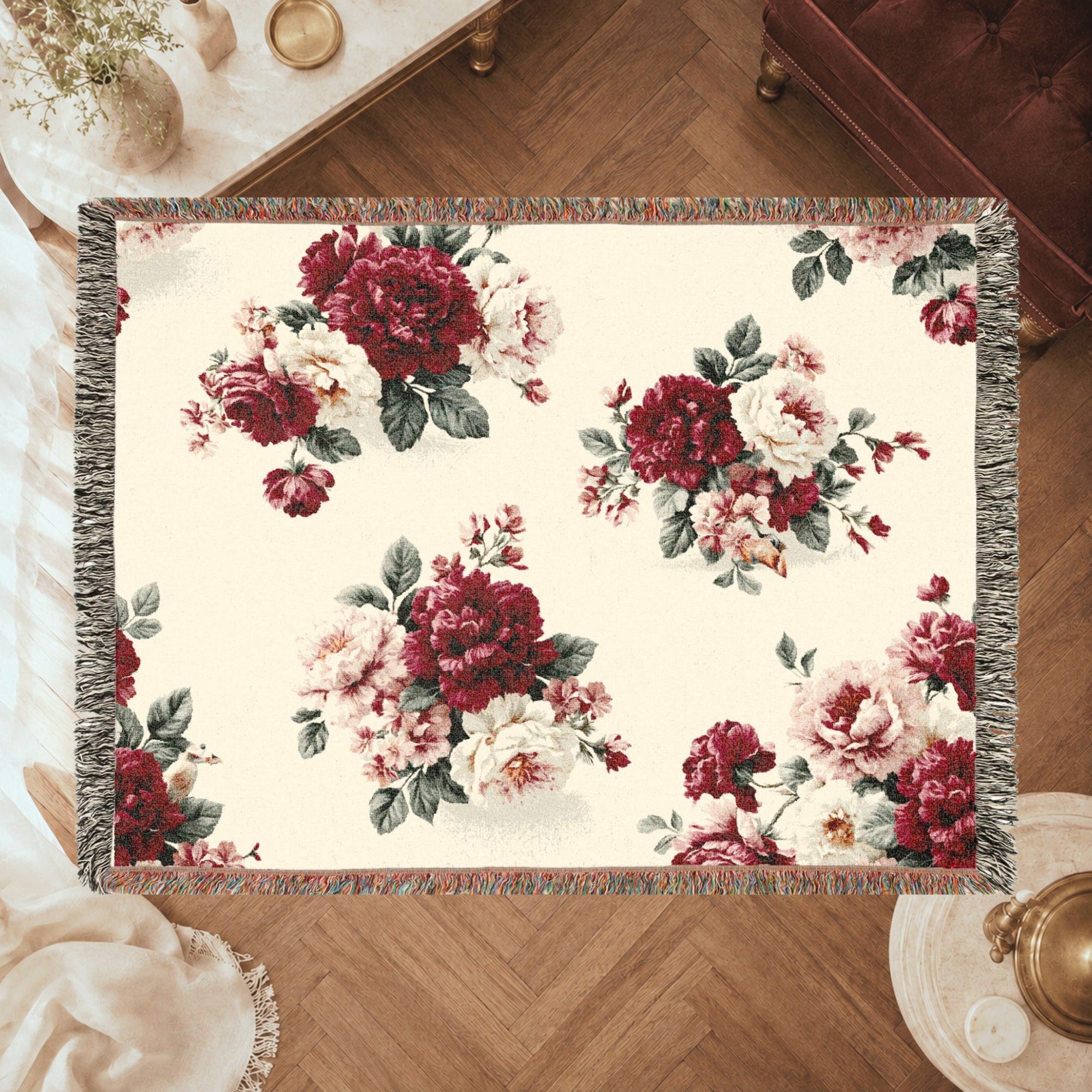 Vintage Red Rose Floral Woven Blanket