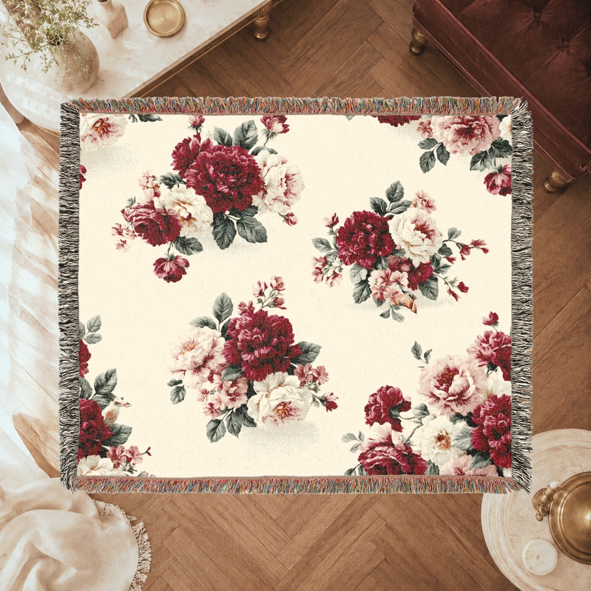 Vintage Red Rose Floral Woven Blanket