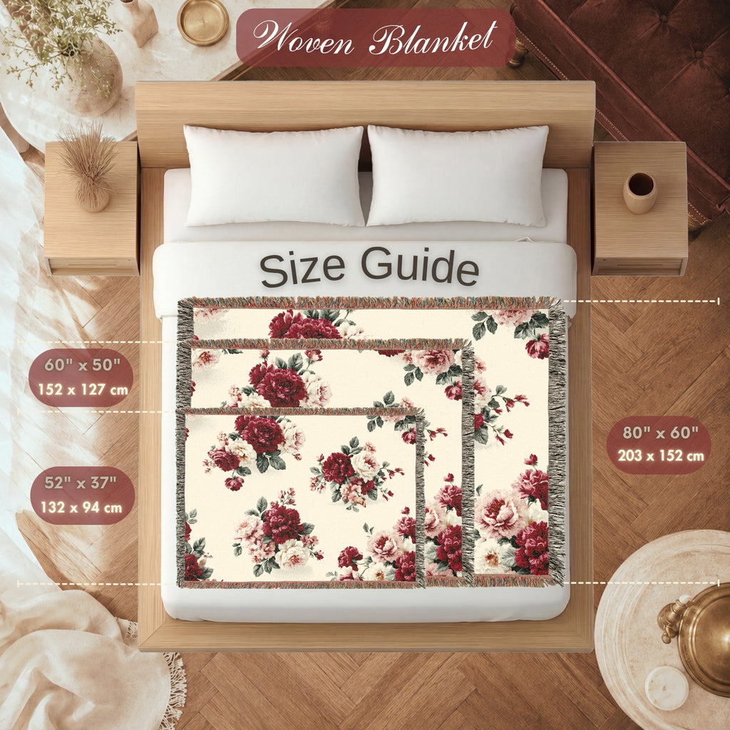 Vintage Red Rose Floral Woven Blanket