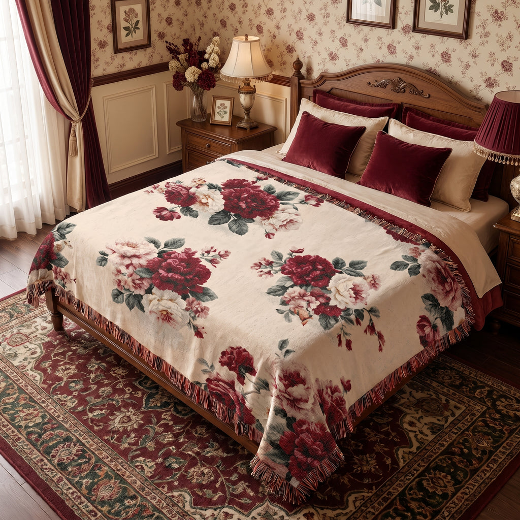 Vintage Red Rose Floral Woven Blanket