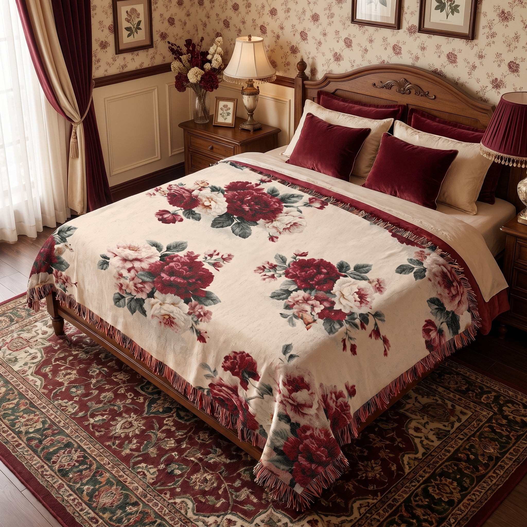 Vintage Red Rose Floral Woven Blanket