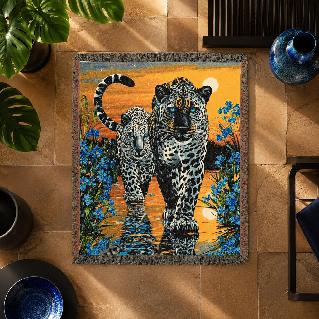 Two Jaguars Tropical Floral Woven Blanket