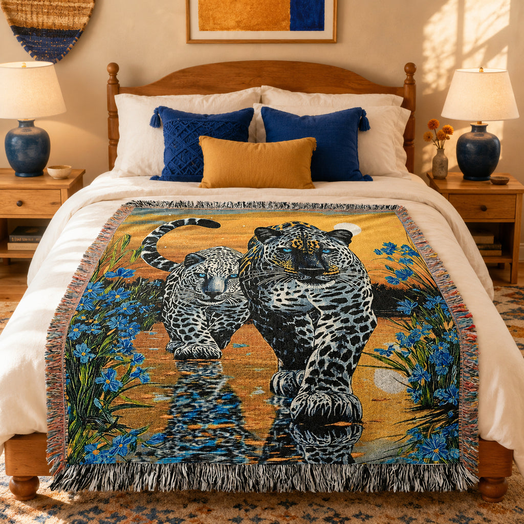 Two Jaguars Tropical Floral Woven Blanket