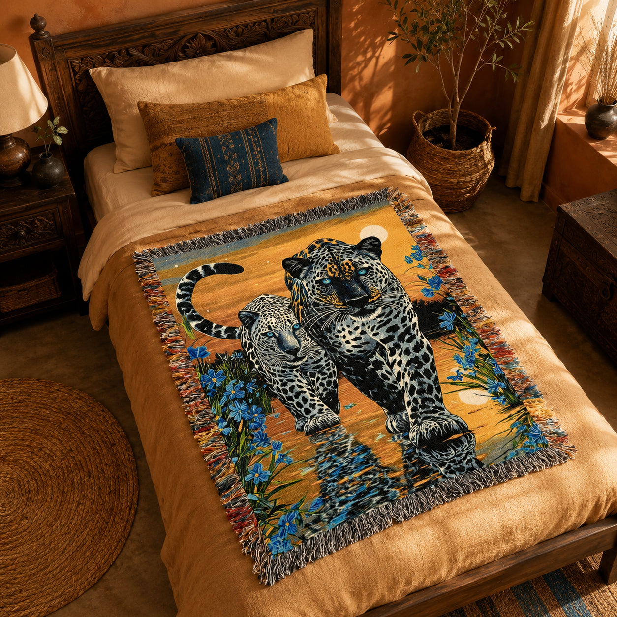 Two Jaguars Tropical Floral Woven Blanket