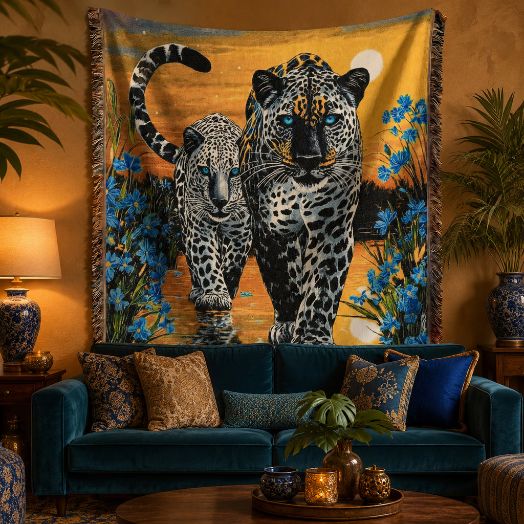 Two Jaguars Tropical Floral Woven Blanket
