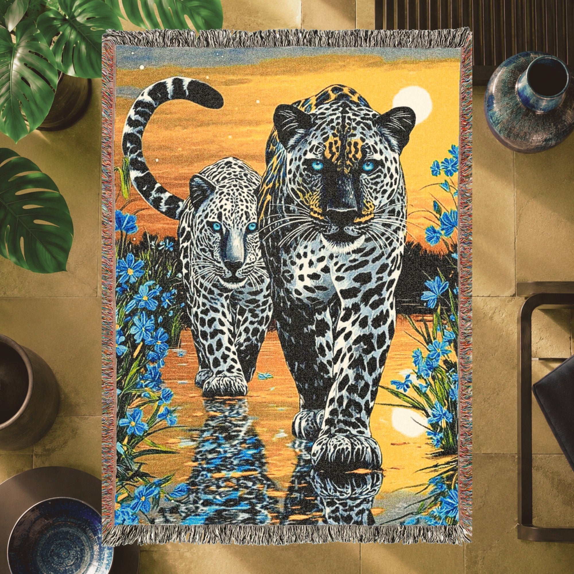 Two Jaguars Tropical Floral Woven Blanket