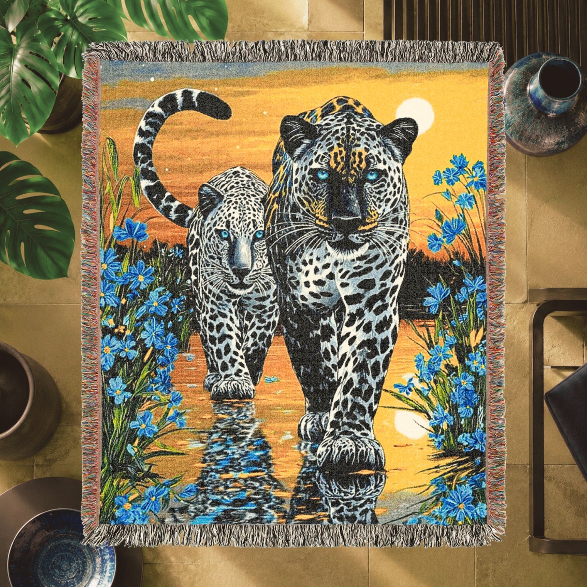 Two Jaguars Tropical Floral Woven Blanket