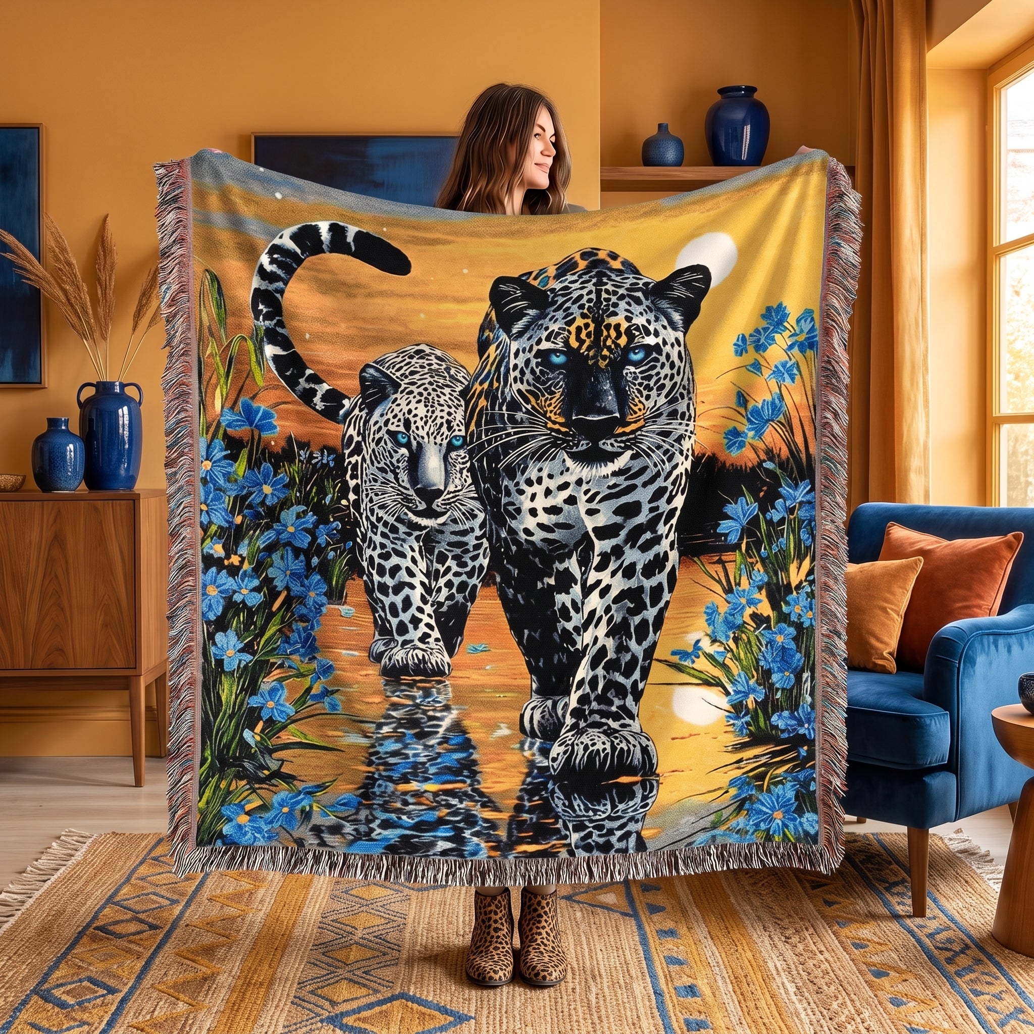 Two Jaguars Tropical Floral Woven Blanket