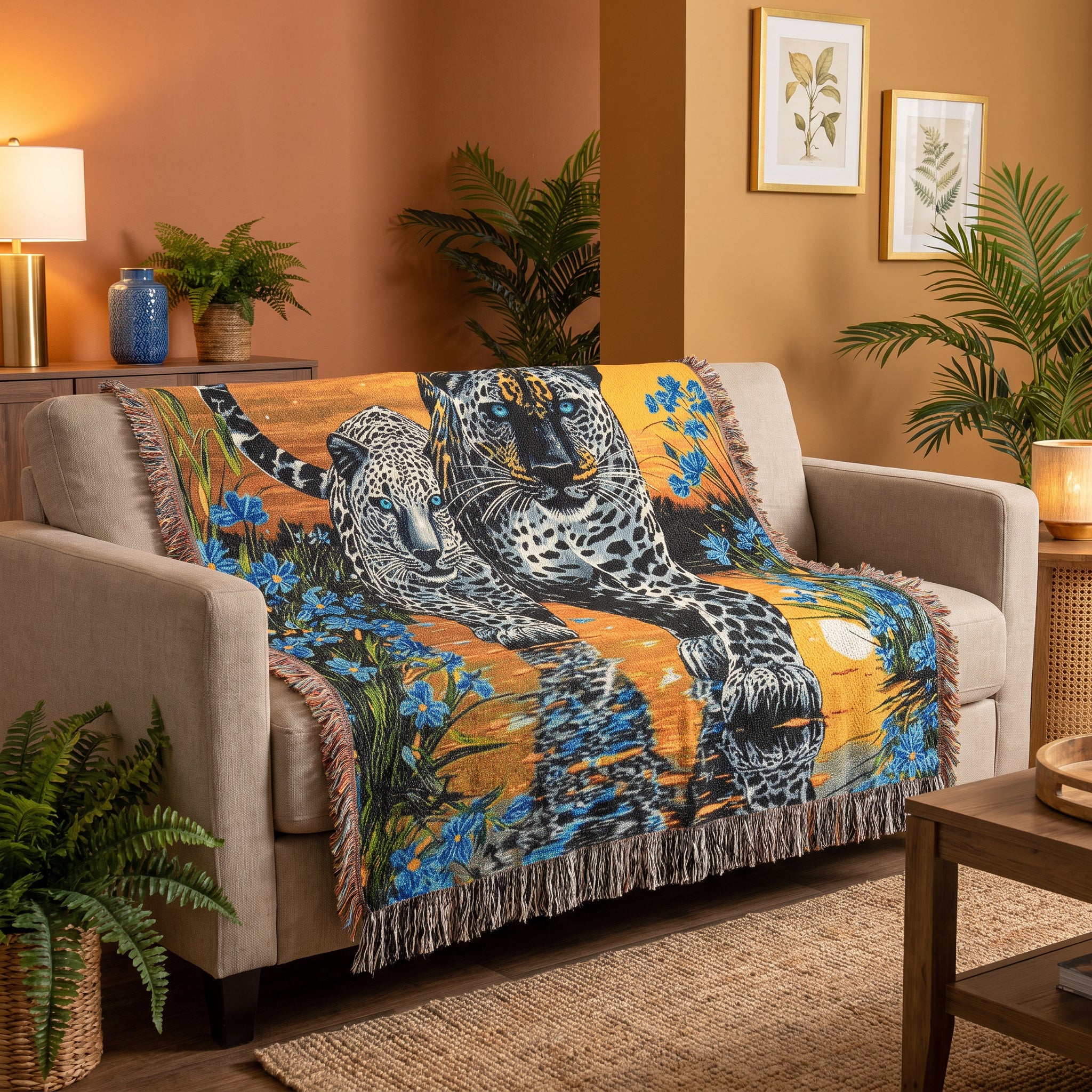 Two Jaguars Tropical Floral Woven Blanket