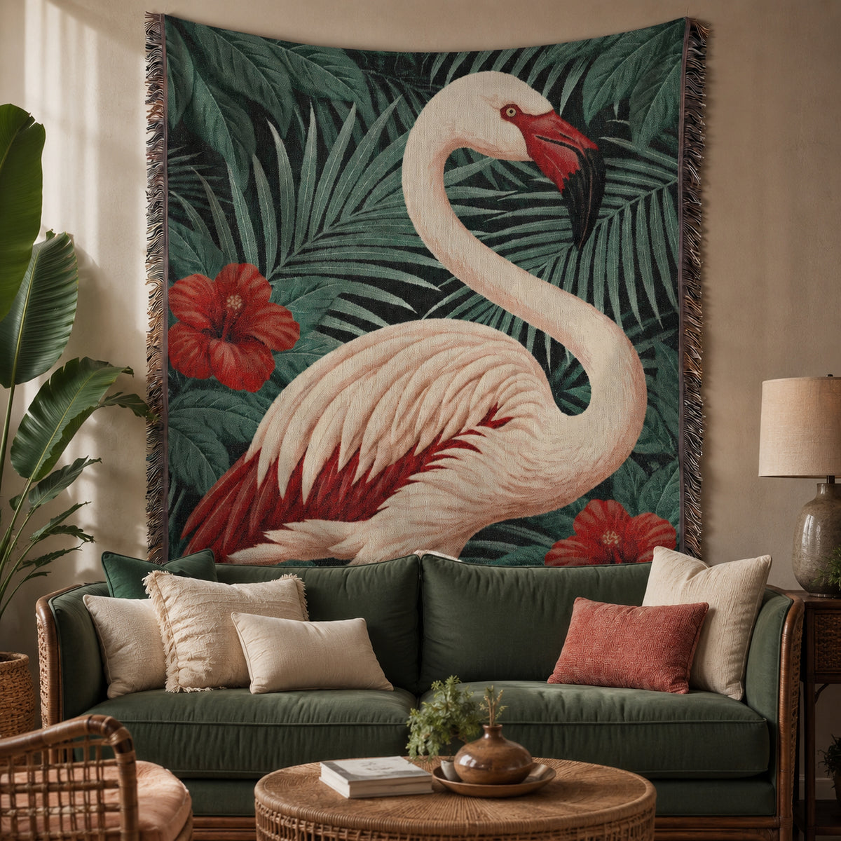 Flamingo Tropical Floral Woven Blanket