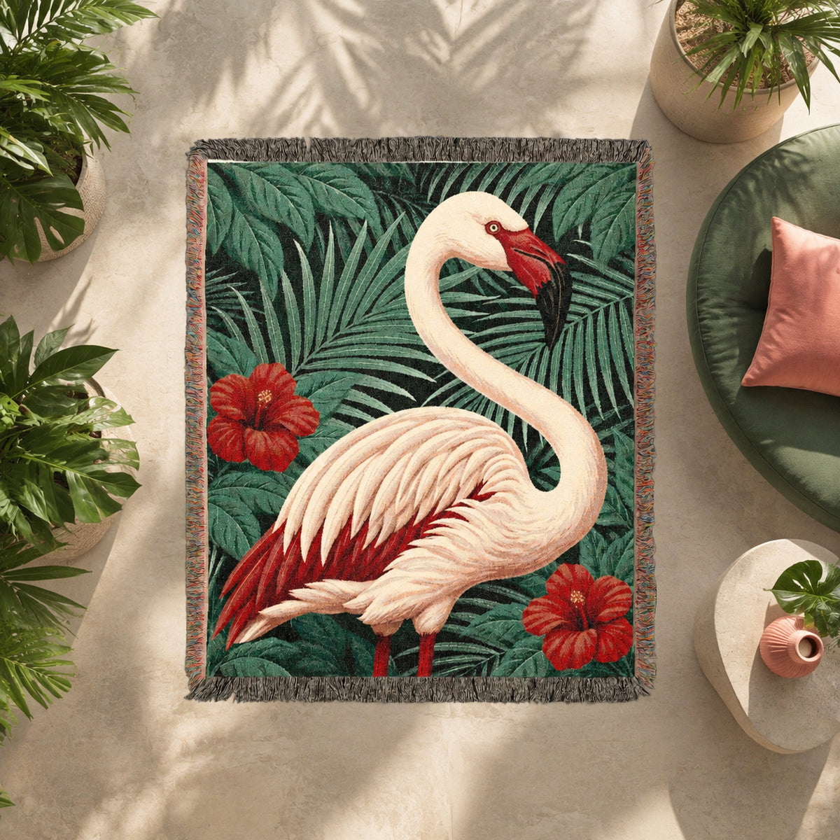 Flamingo Tropical Floral Woven Blanket