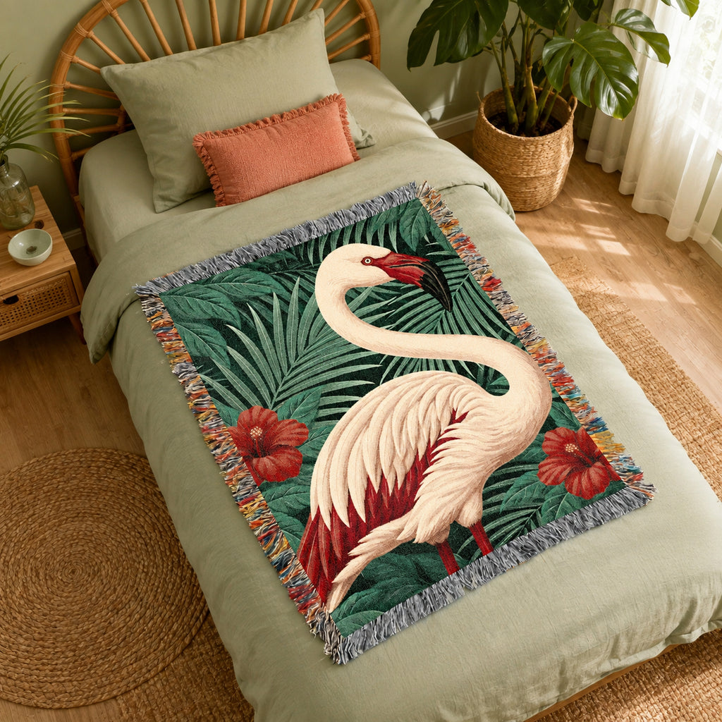 Flamingo Tropical Floral Woven Blanket