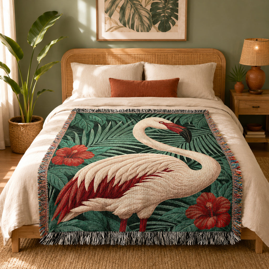 Flamingo Tropical Floral Woven Blanket