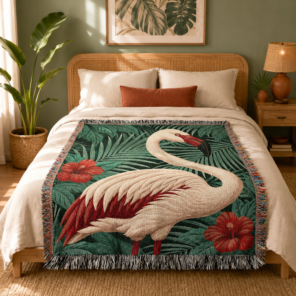 Flamingo Tropical Floral Woven Blanket