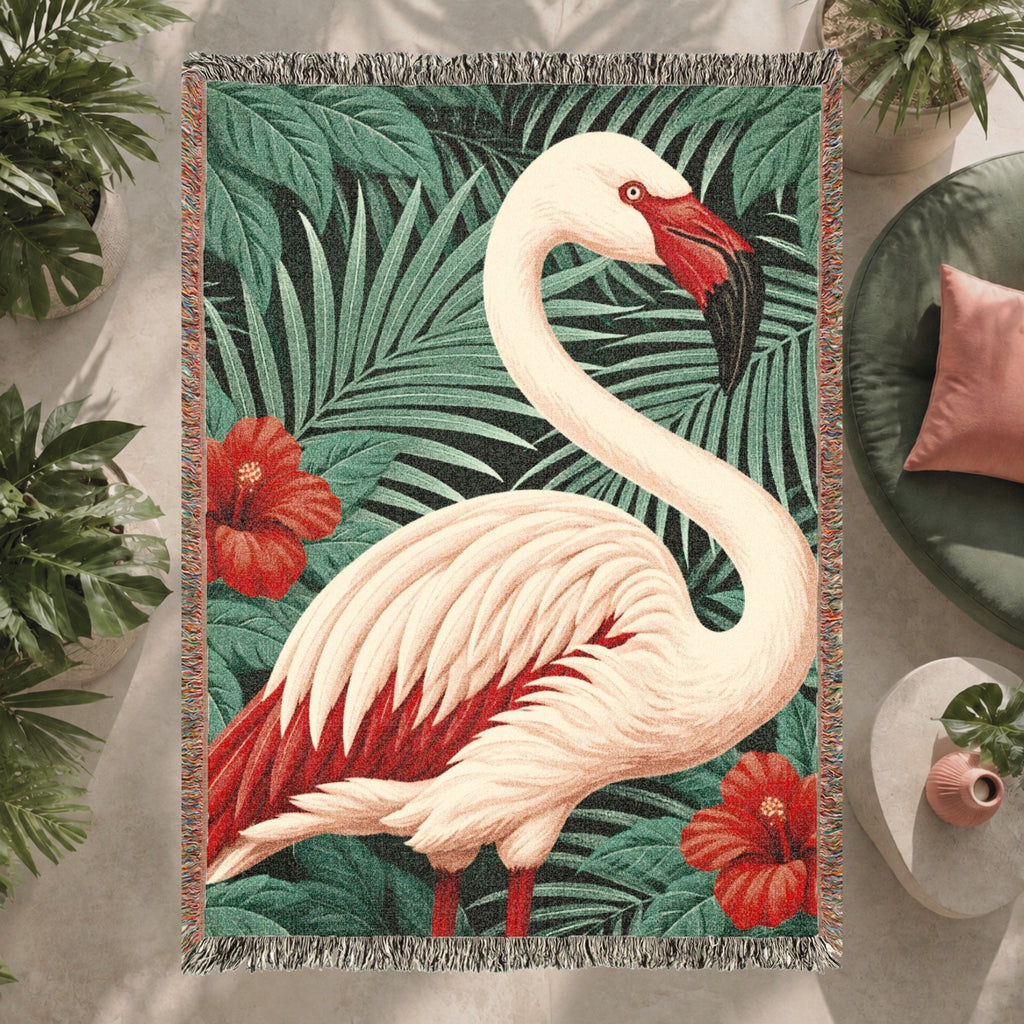 Flamingo Tropical Floral Woven Blanket