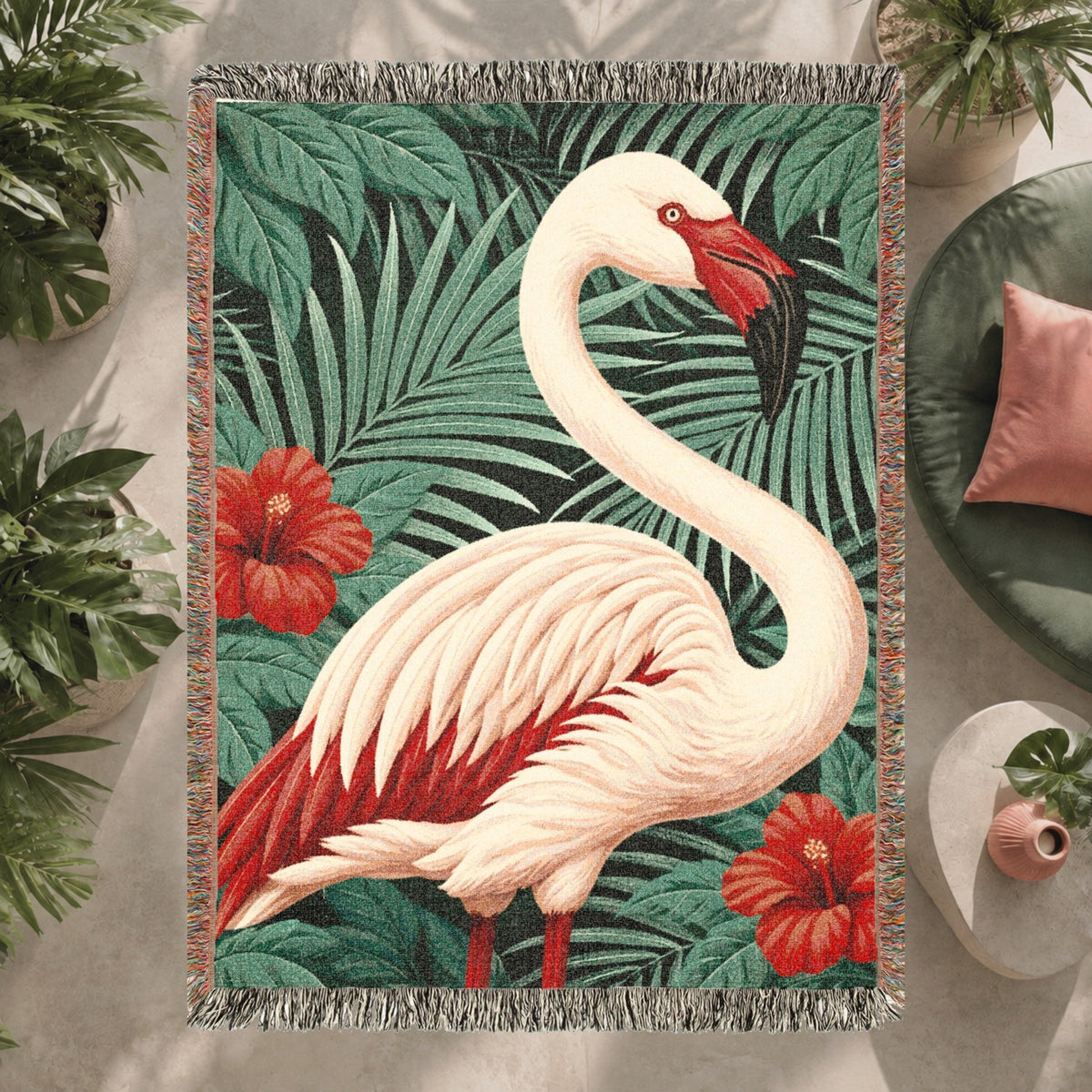 Flamingo Tropical Floral Woven Blanket