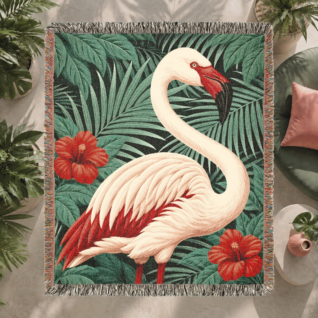 Flamingo Tropical Floral Woven Blanket