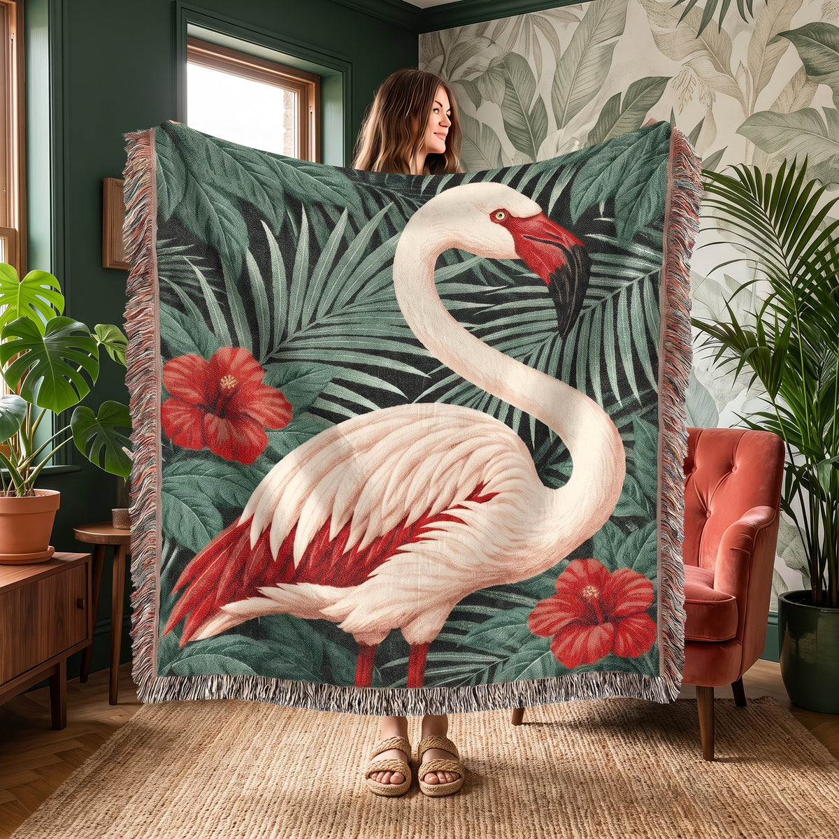 Flamingo Tropical Floral Woven Blanket