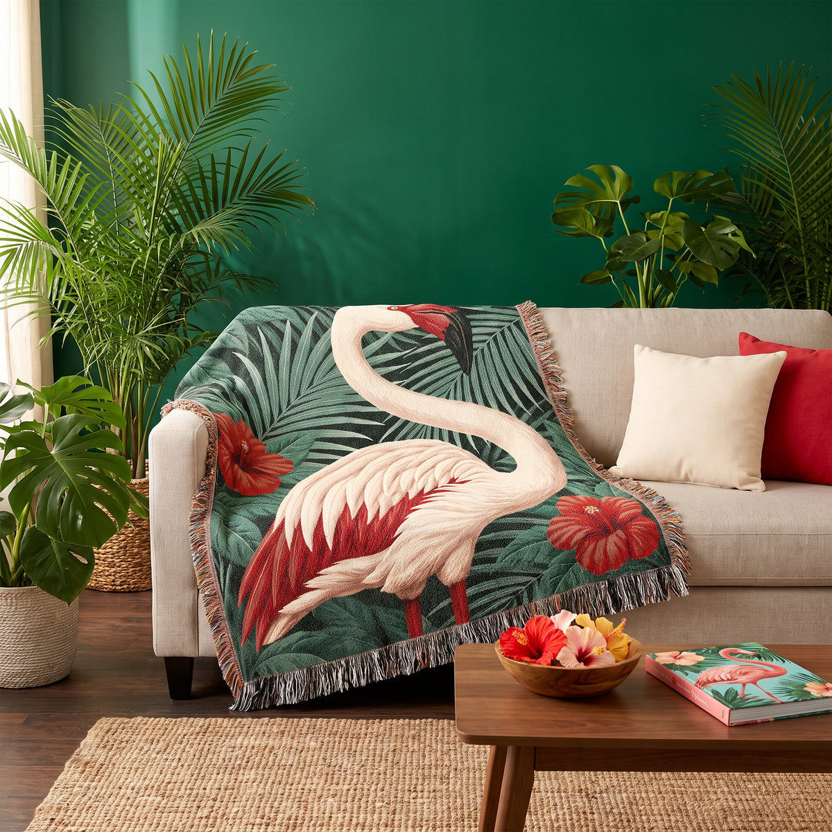 Flamingo Tropical Floral Woven Blanket