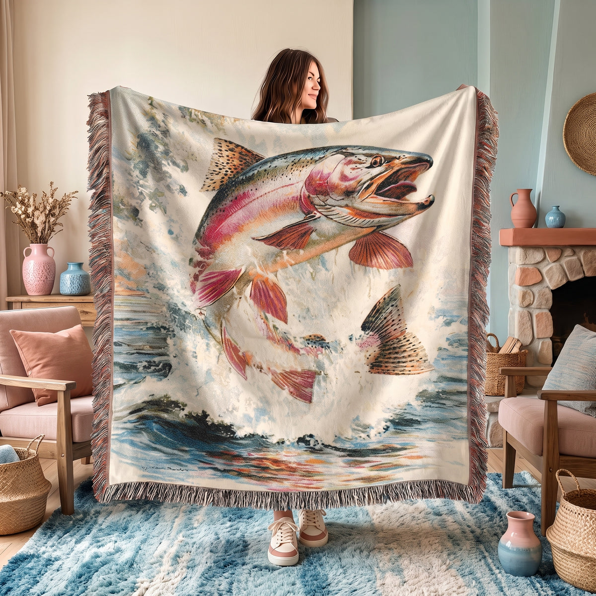 Rainbow Trout River Woven Blanket
