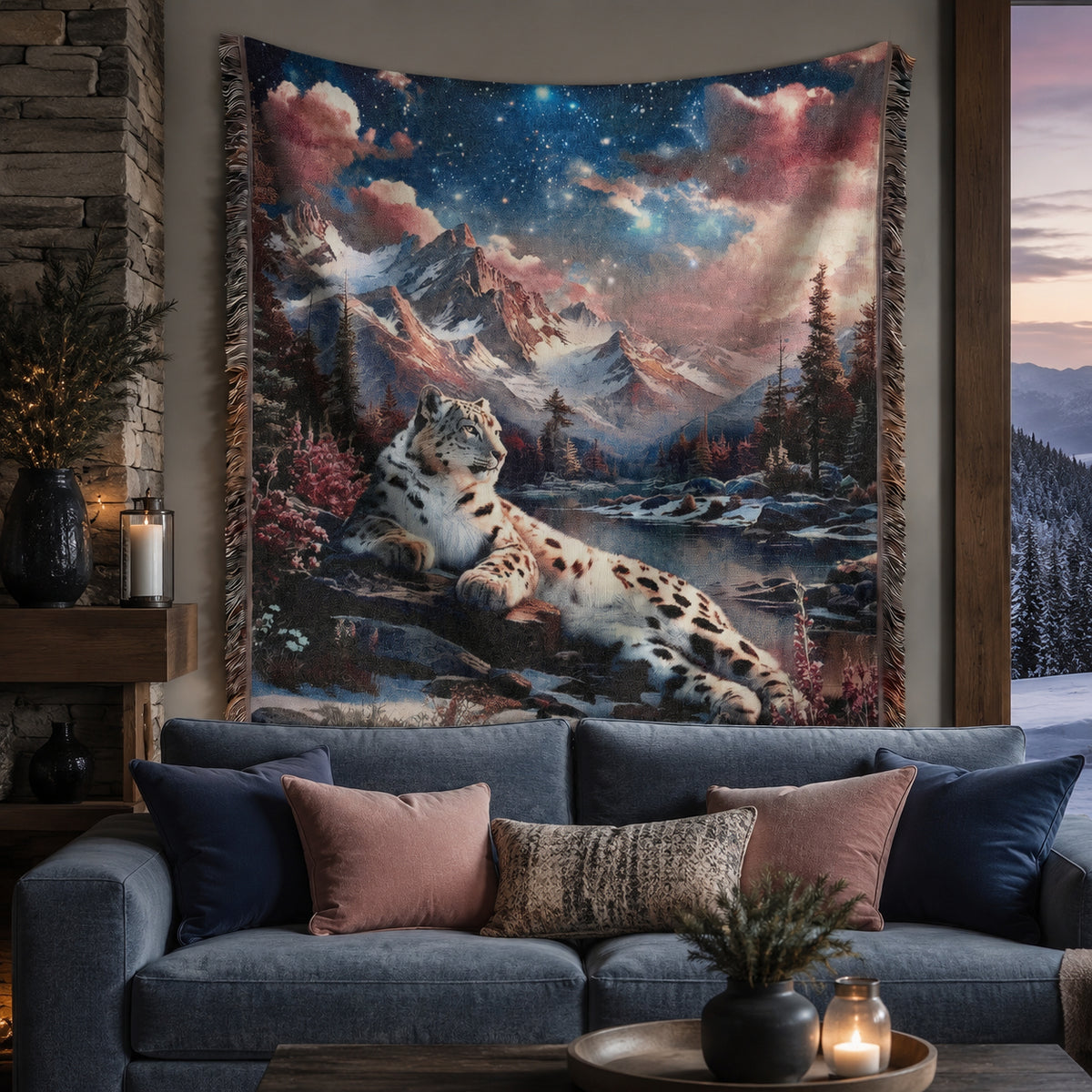 Snow Leopard Mountain Woven Blanket