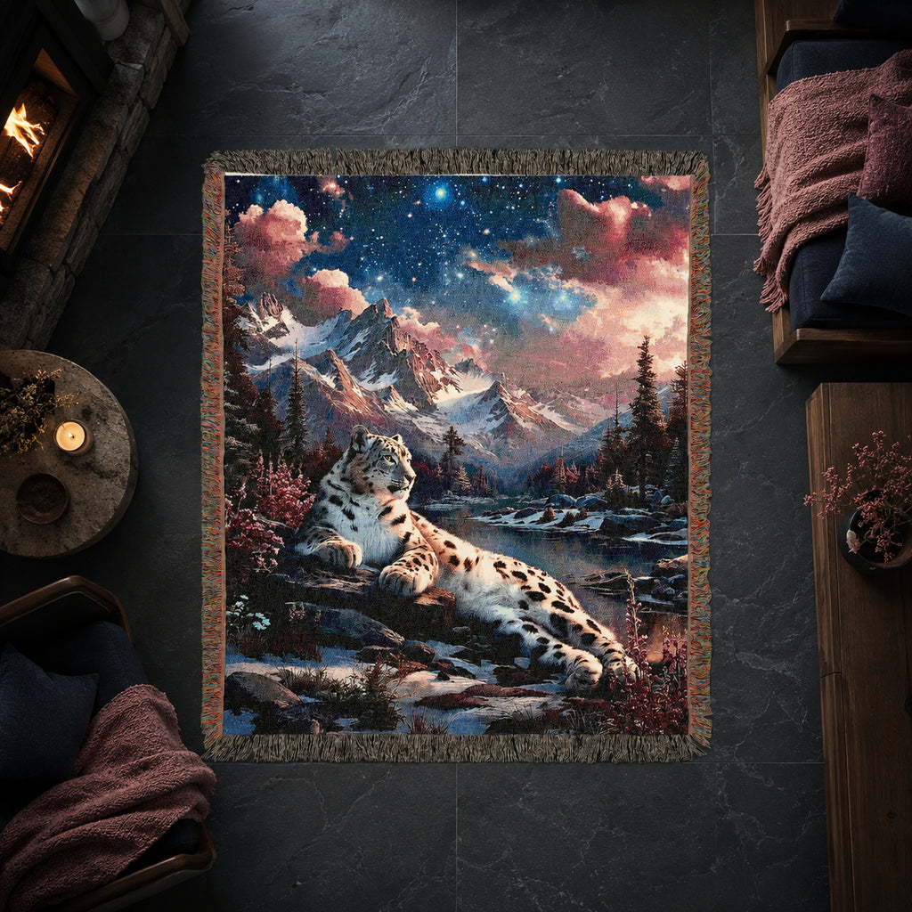 Snow Leopard Mountain Woven Blanket