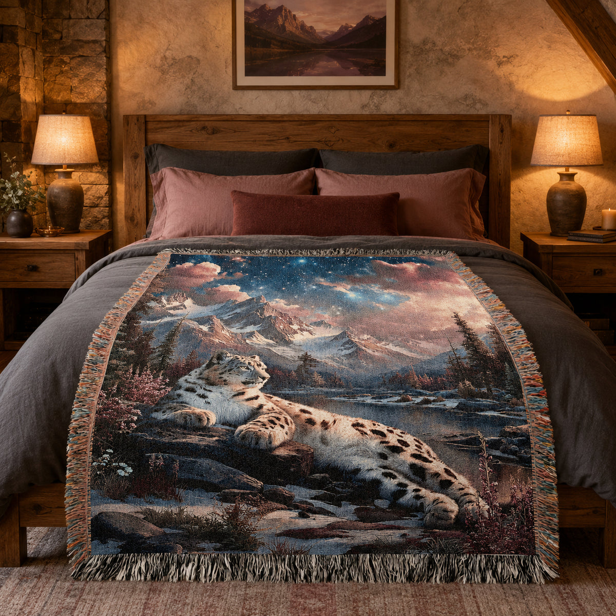 Snow Leopard Mountain Woven Blanket