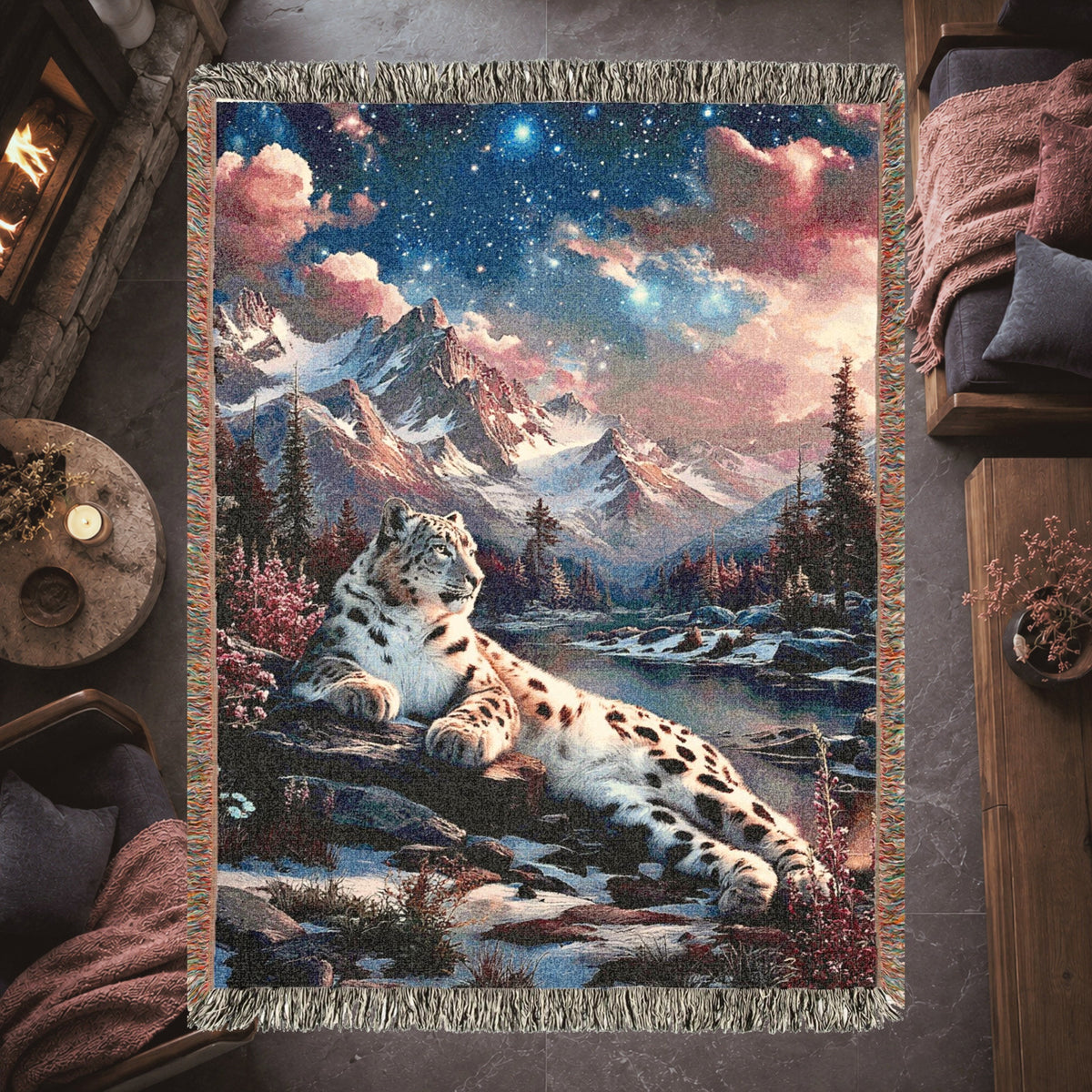 Snow Leopard Mountain Woven Blanket