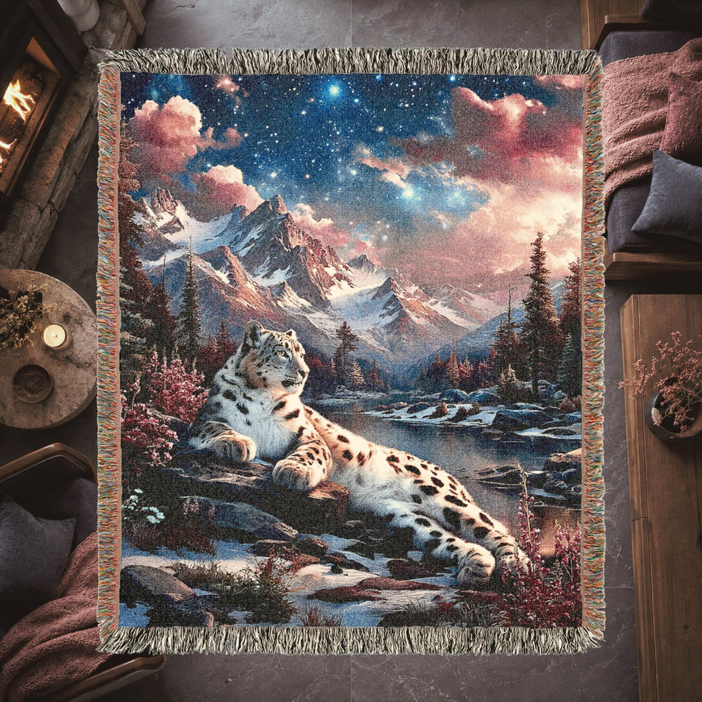 Snow Leopard Mountain Woven Blanket