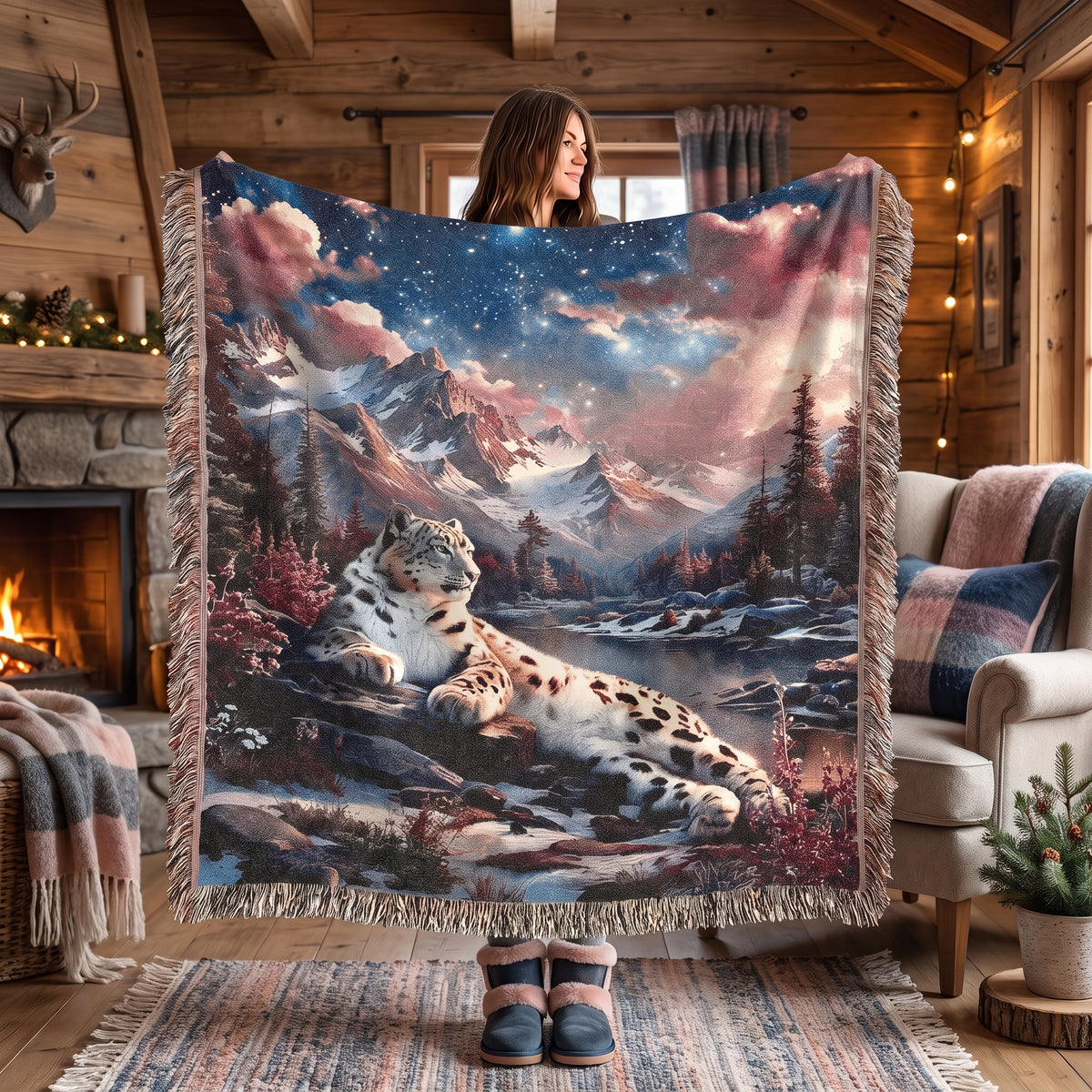 Snow Leopard Mountain Woven Blanket