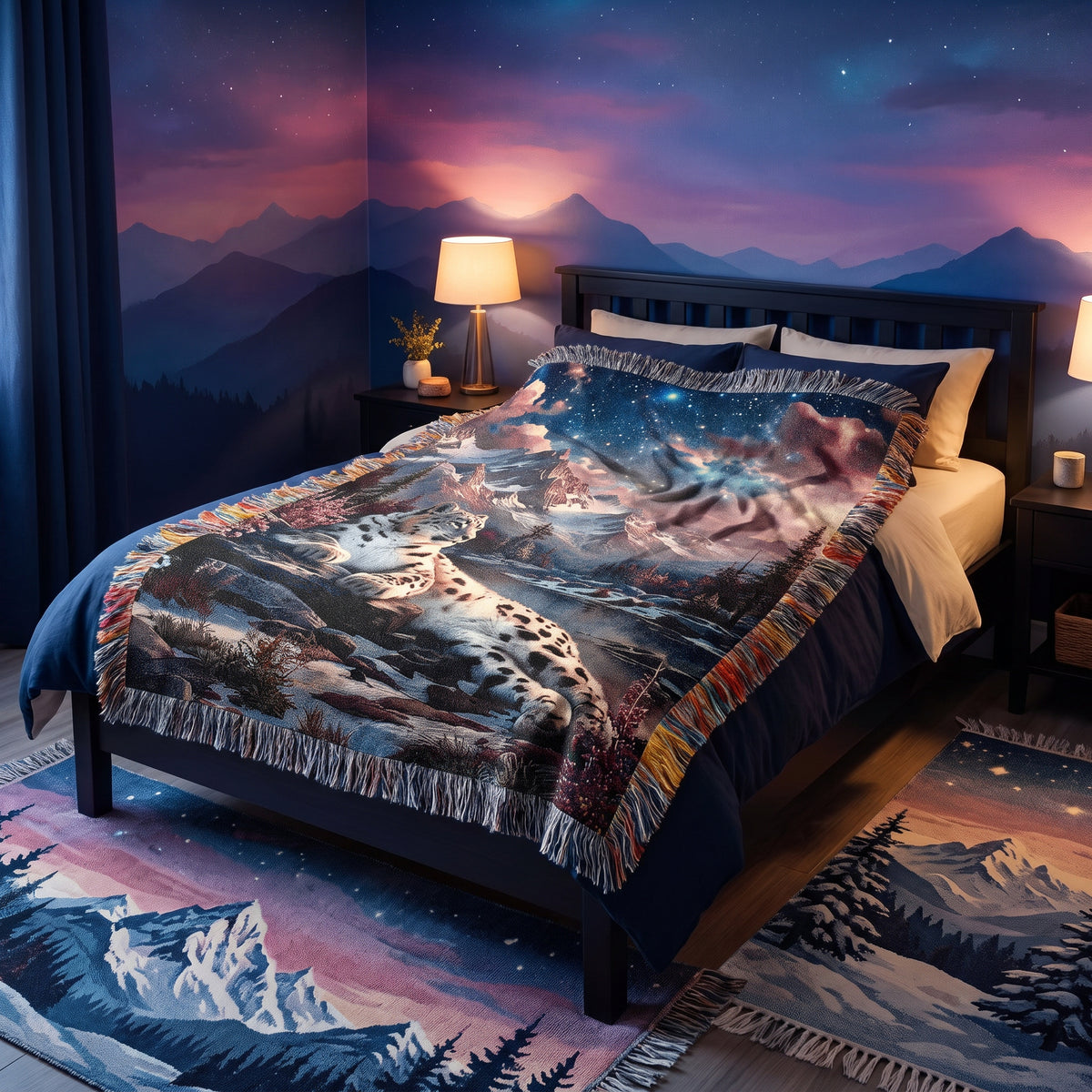 Snow Leopard Mountain Woven Blanket