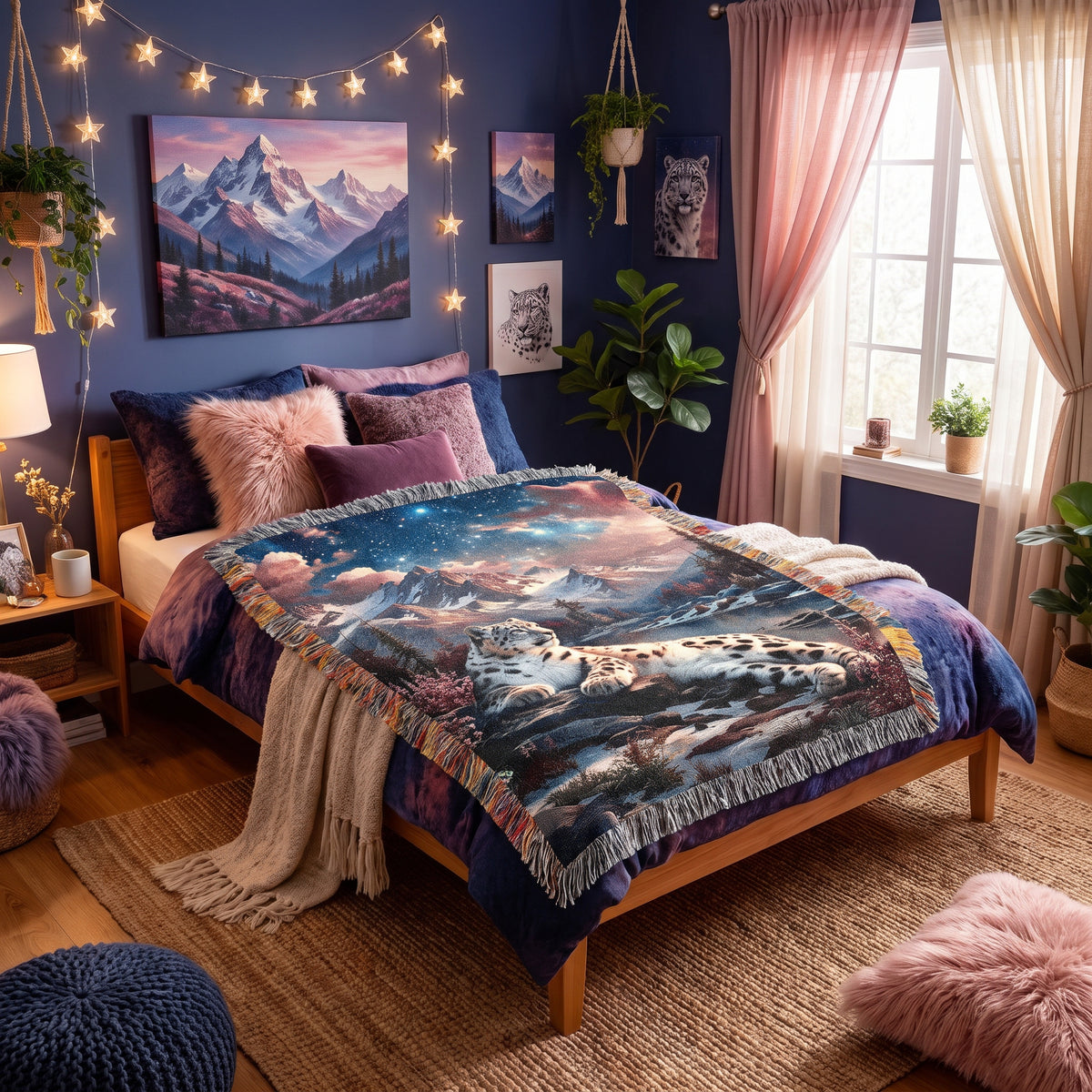 Snow Leopard Mountain Woven Blanket