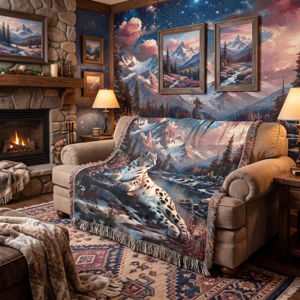 Snow Leopard Mountain Woven Blanket