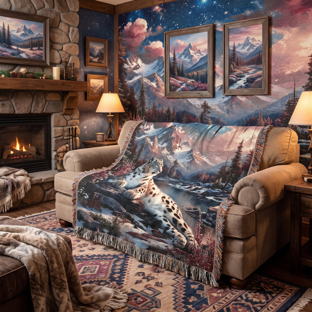 Snow Leopard Mountain Woven Blanket