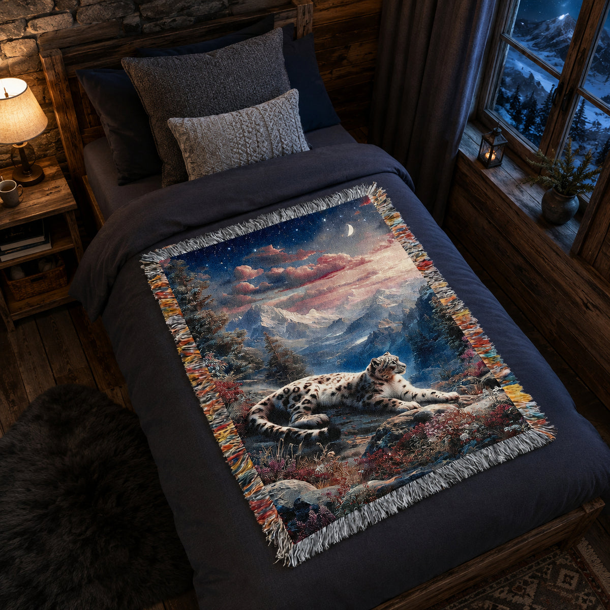 Snow Leopard Alpine Sunset Woven Blanket