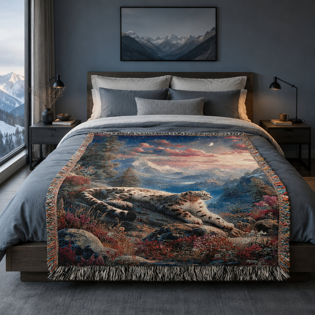 Snow Leopard Alpine Sunset Woven Blanket