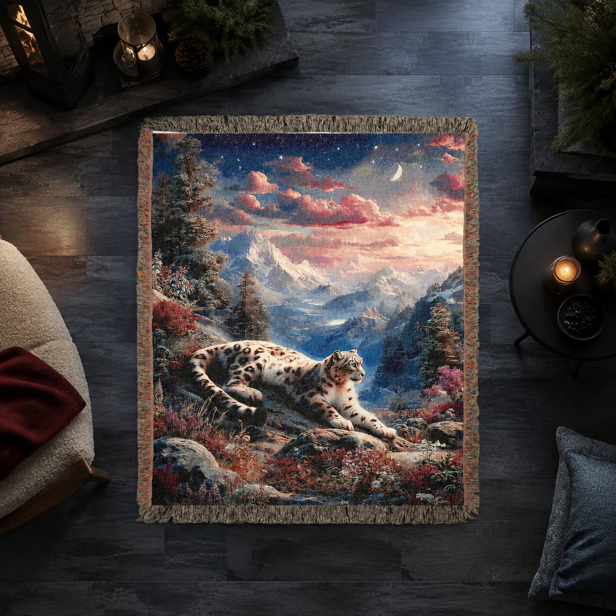 Snow Leopard Alpine Sunset Woven Blanket